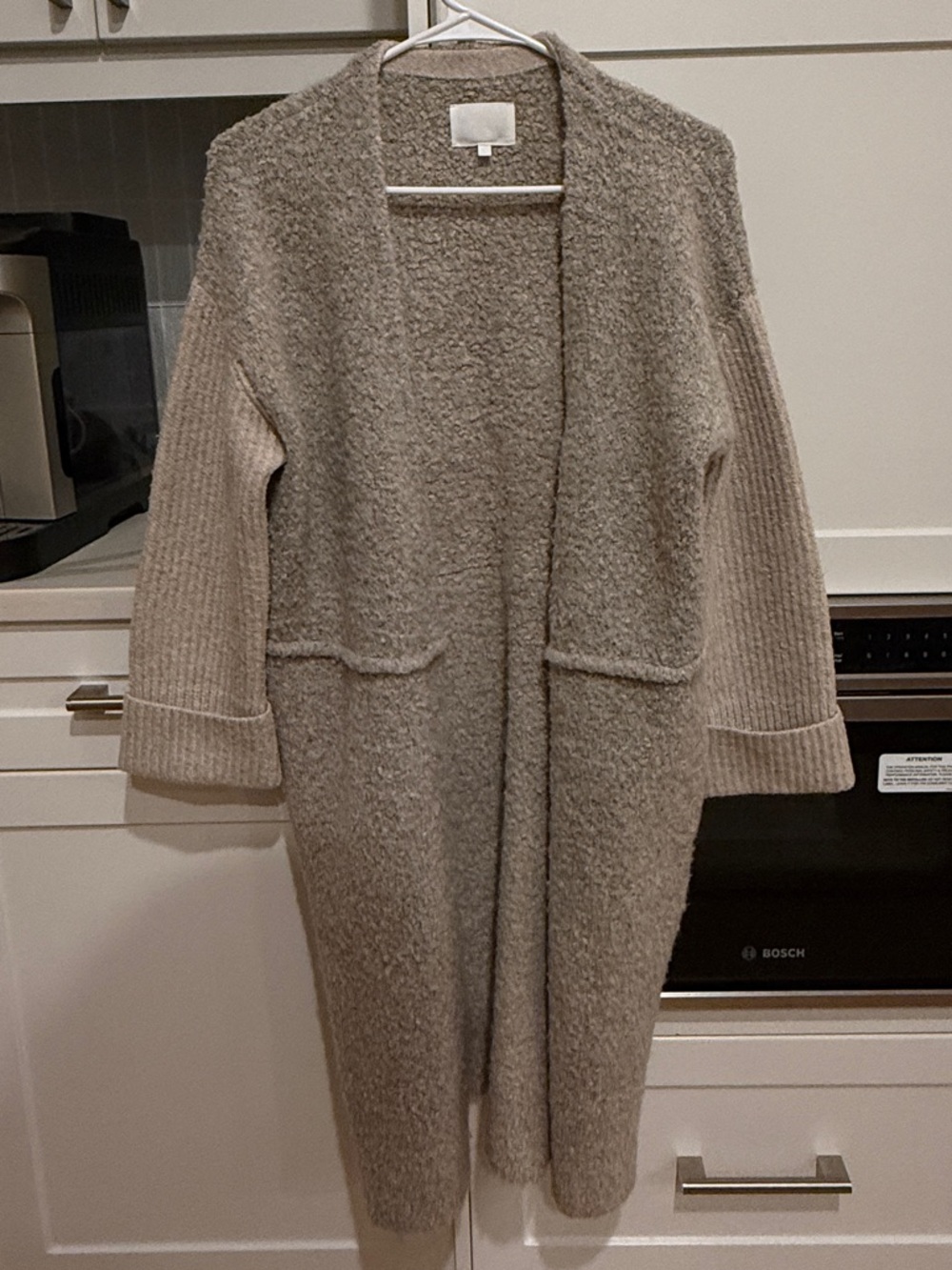 Open-Front Long Knit Cardigan in Light Taupe